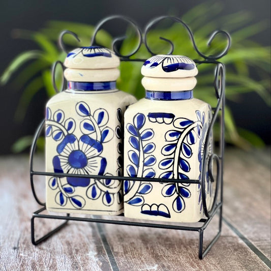 Hand Painted Ceramic Spice Multipurpose Jars & Container with Lid (2 Jars with Stand)