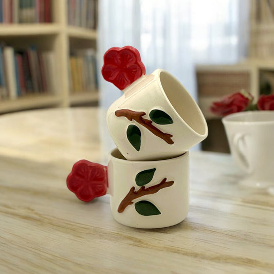 Red Flower Handle Mugs