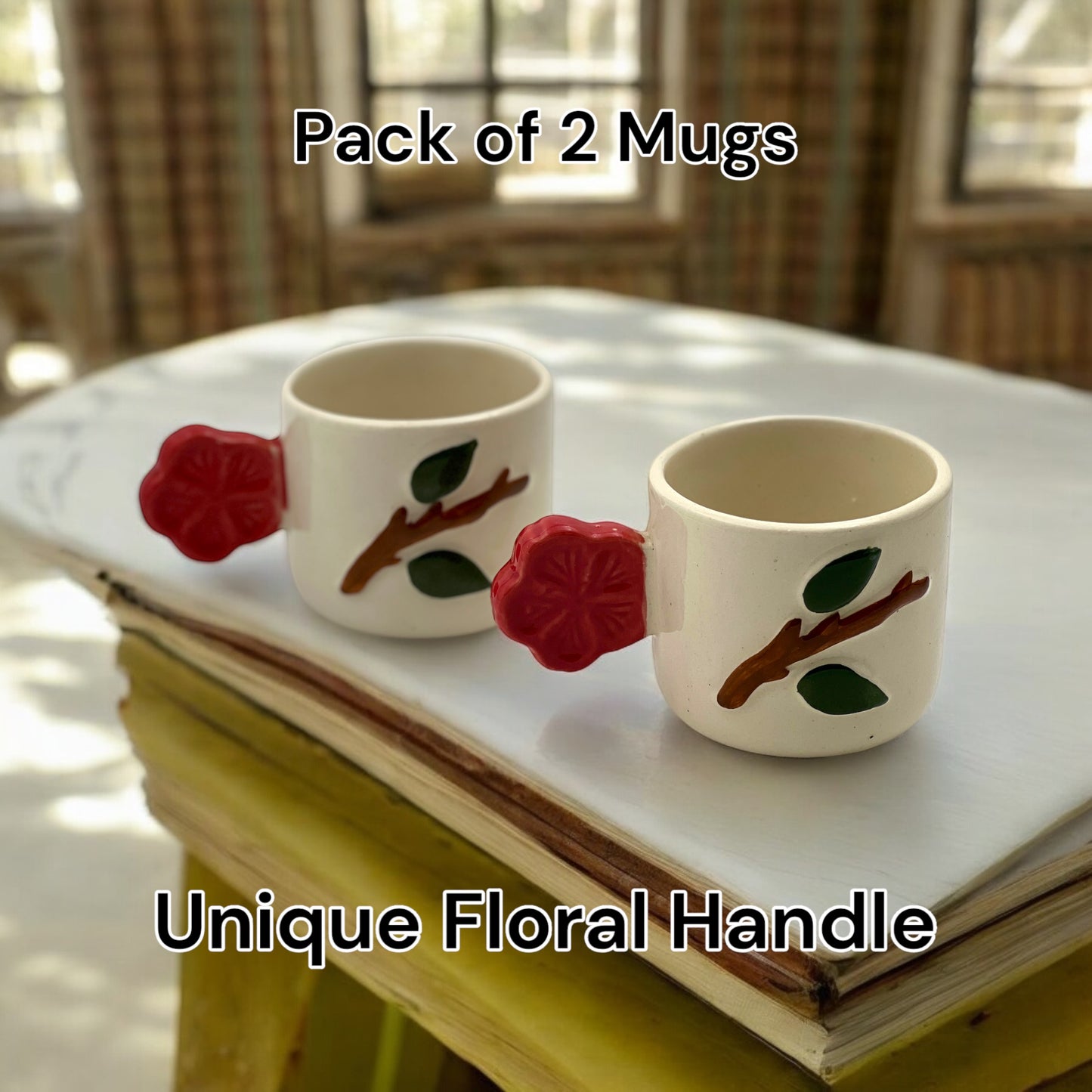 Red Flower Handle Mugs