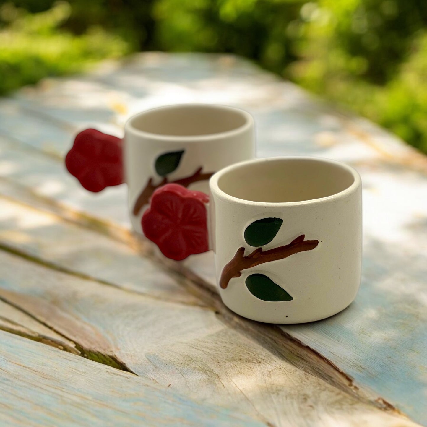 Red Flower Handle Mugs