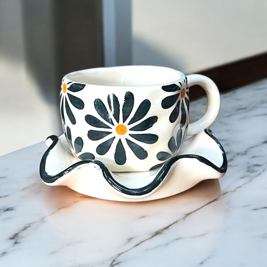 Black Flower Mug & Wavy Saucer