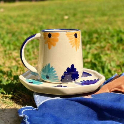 Blue & Yellow Flower  Mug & Saucer