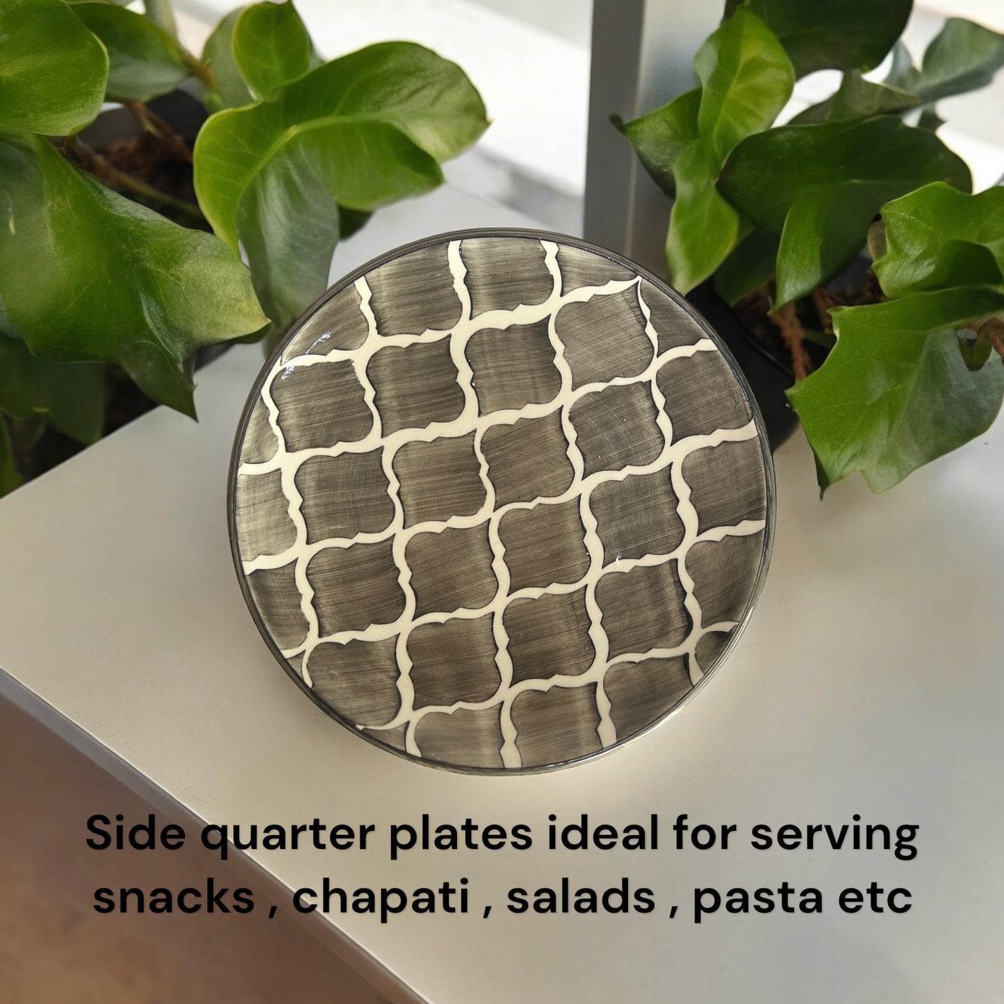 Hand Painted Side / Quarter Plates (7 Inch, Set of 6, Grey, Microwave Safe)