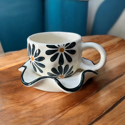 Black Flower Mug & Wavy Saucer