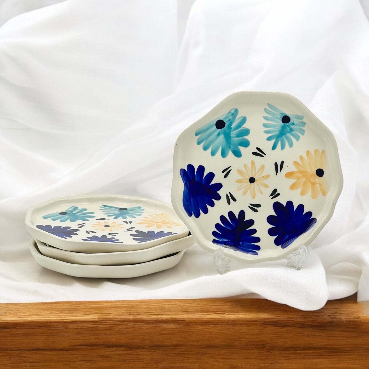 Four Blue & Yellow Flowers Snack/Dessert Plates