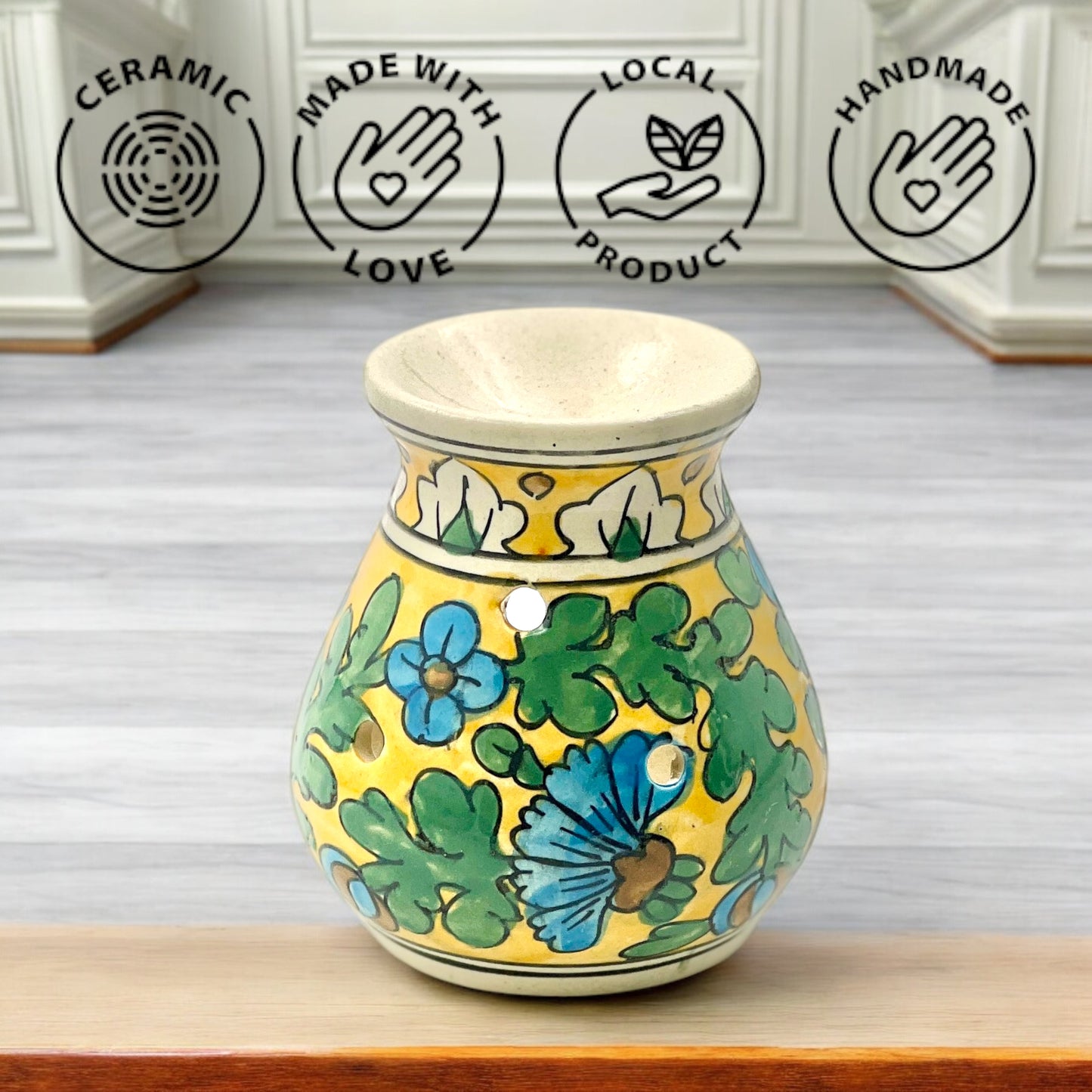 Hand Painted Ceramic Aroma Oil Diffuser Set of 1 (Yellow, 4.5 Inch)