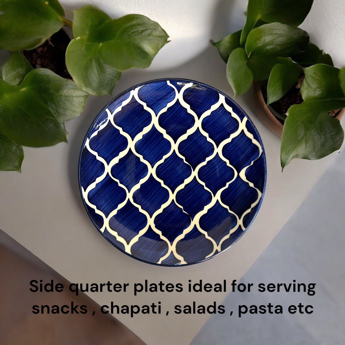 Hand Painted Side / Quarter Plates (7 Inch, Set of 6, Blue ,Microwave Safe)