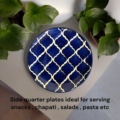 Hand Painted Side / Quarter Plates (7 Inch, Set of 6, Blue ,Microwave Safe)