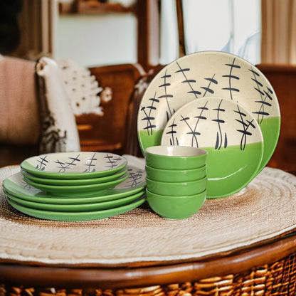 Green & White Dinnerware Set (12 Pcs)