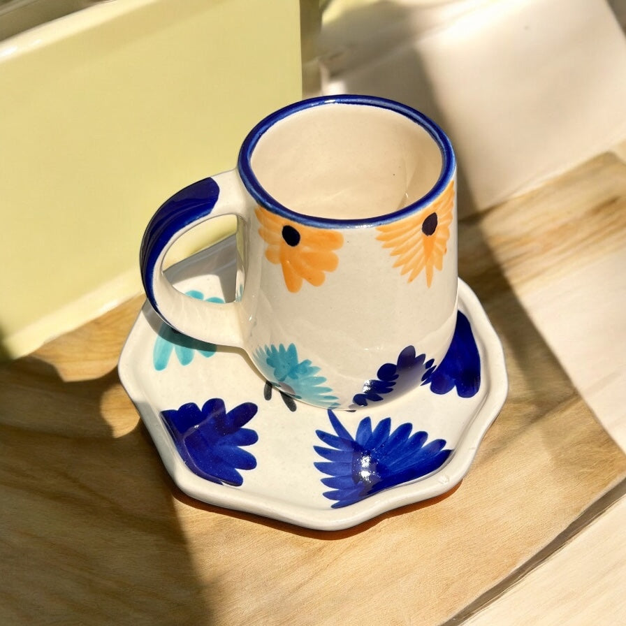 Blue & Yellow Flower  Mug & Saucer