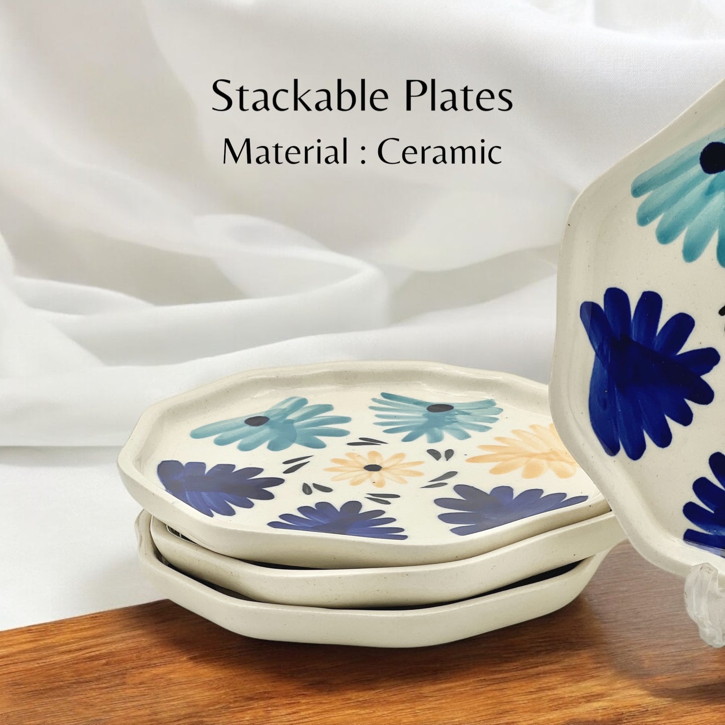 Four Blue & Yellow Flowers Snack/Dessert Plates