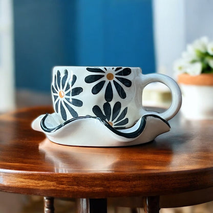 Black Flower Mug & Wavy Saucer