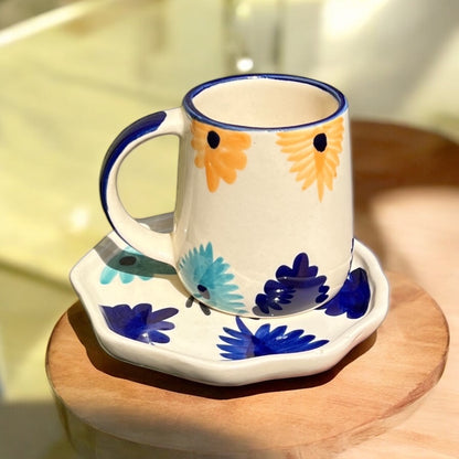 Blue & Yellow Flower  Mug & Saucer