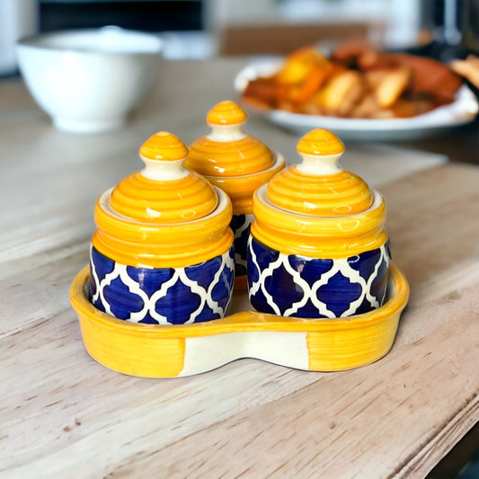 Hand Painted Ceramic Pickle Jar with Lid |  Blue Yellow | Set of 3