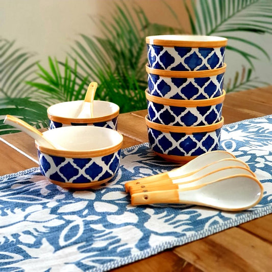 Hand painted Ceramic Soup Bowls with Spoons (300ML, Set of 6, Yellow)