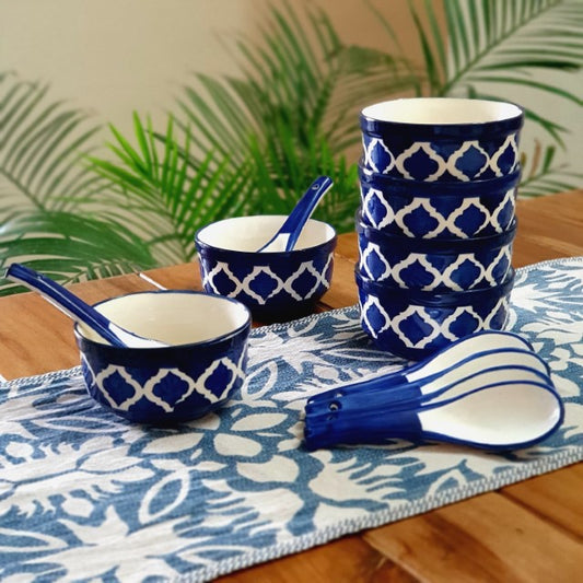 Hand painted Ceramic Soup Bowls with Spoons (300ML, Set of 6, Blue)