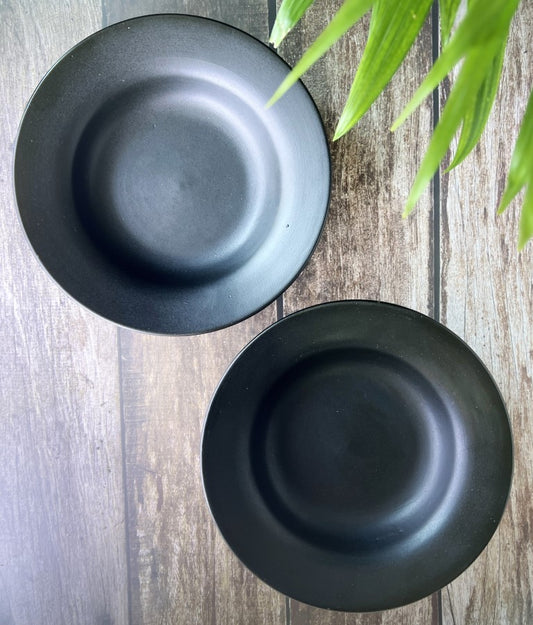 Hand Painted Ceramic Deep Starter Plates (Set of 2, Black, 21.5 cm Diameter)