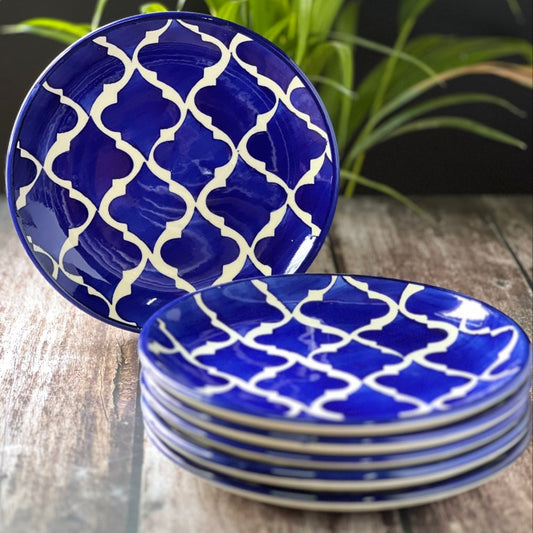 Hand Painted Side / Quarter Plates (7 Inch, Set of 6, Blue ,Microwave Safe)