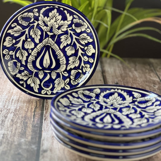 Hand Painted Side / Quarter Plates (7 Inch, Set of 6, Mughal Blue, Microwave Safe)