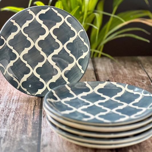 Hand Painted Side / Quarter Plates (7 Inch, Set of 6, Grey, Microwave Safe)