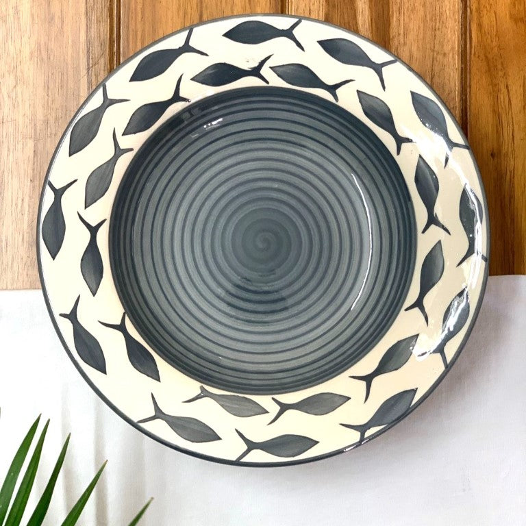 Hand Painted Ceramic Deep Starter Plates (Set of 2, Grey Fish, 21.5 cm Diameter)