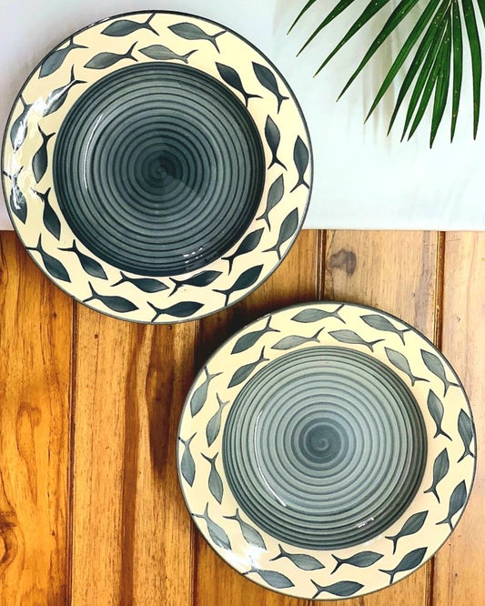 Hand Painted Ceramic Deep Starter Plates (Set of 2, Grey Fish, 21.5 cm Diameter)