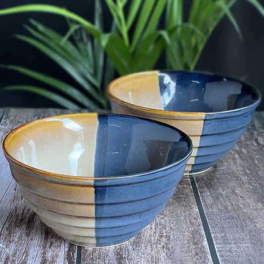 Cereal, Rice, Curry, Dining Table Multipurpose Large Serving Mixing Ceramic Bowls (360 ML, Set of 2,Brown Blue)